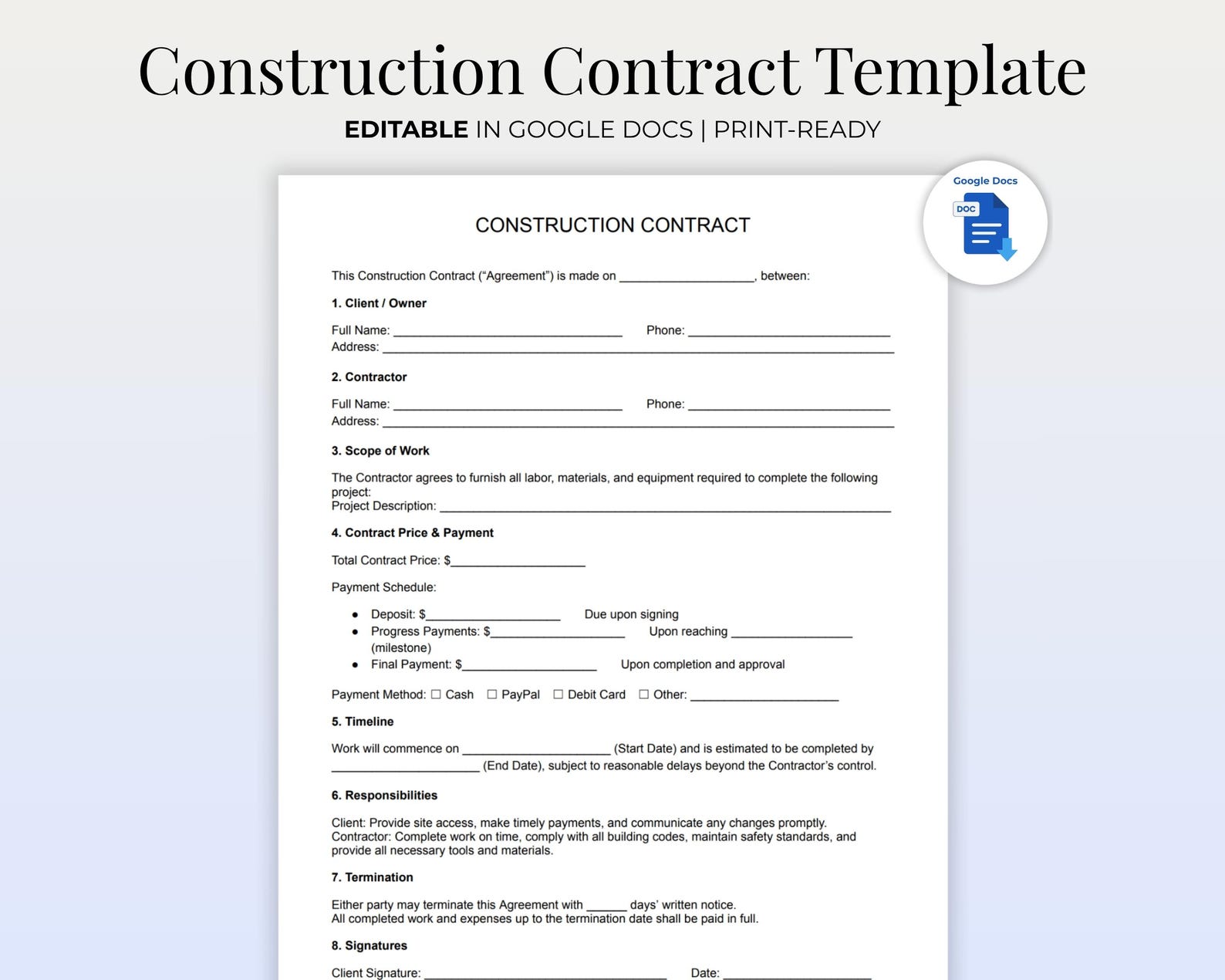 Editable Construction Contract Agreement (google Docs) | Contractor ...