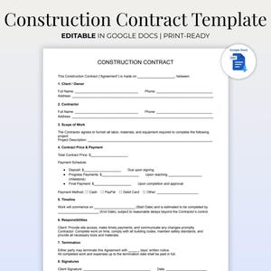 Op de afbeelding: Een witte bouwcontract sjabloon met de titel "Construction Contract Template" bovenaan. Het document bevat secties voor klant/eigenaar, aannemer, reikwijdte van het werk, contractprijs, betaling, tijdlijn, verantwoordelijkheden en beëindiging. De woorden "Editable in Google Docs | Print-Ready" zijn ook zichtbaar.