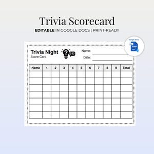 Printable Trivia Night Score Card | Trivia Game Score Sheet | Pub Quiz Game | Team Party Game | Score Tracker | Trivia Sheet