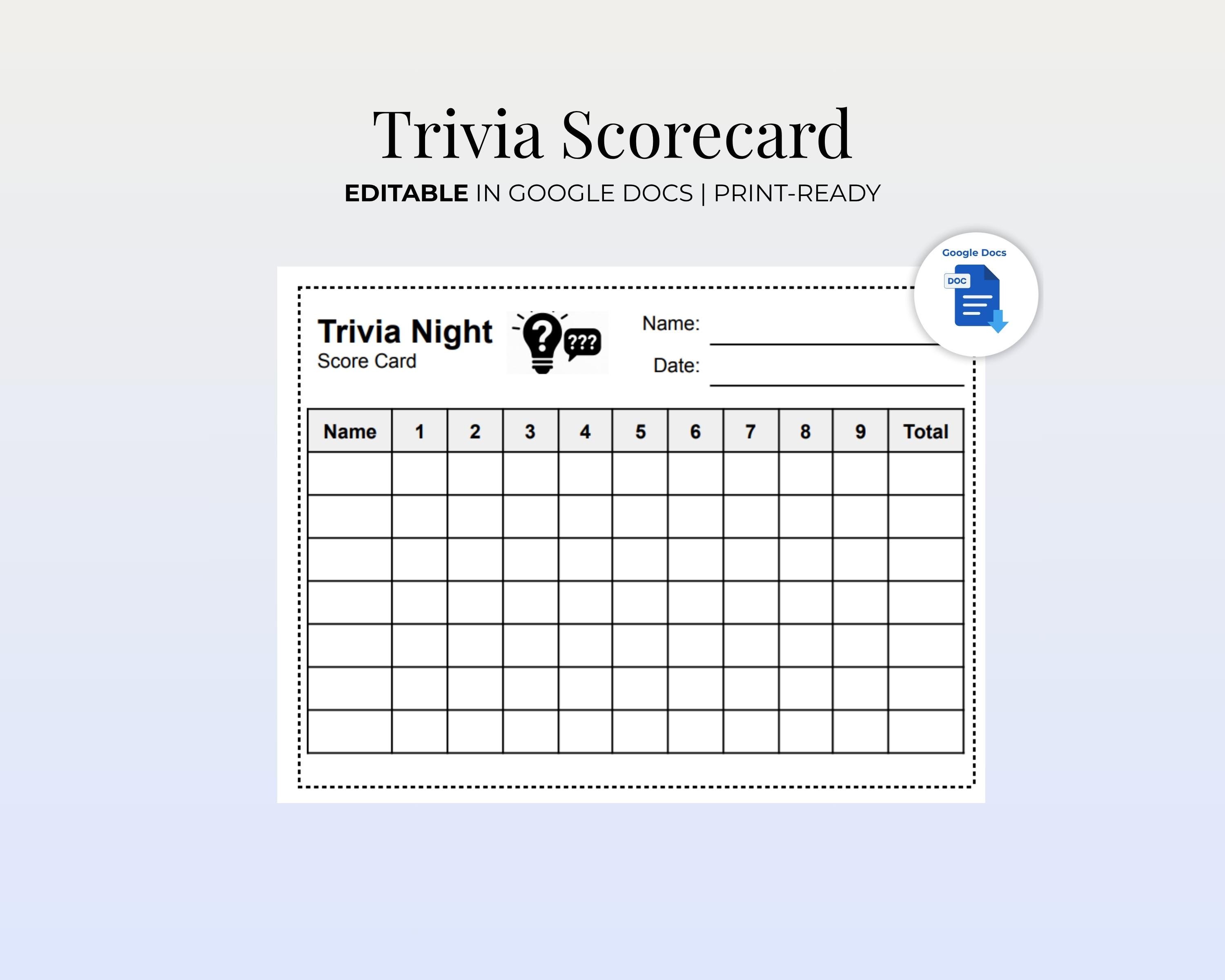 Trivia Score Card Printable Trivia Night Score Card | Trivia Game Score Sheet | Pub Quiz ...