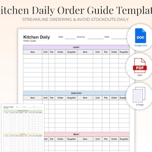 May include: A white and light purple Kitchen Daily Order Guide Template with the text "STREAMLINE ORDERING & AVOID STOCKOUTS DAILY". The template includes sections for dairy, seafood, and meat. Includes DOC, PDF, and 2-page options.