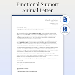 Emotional Support Animal ESA Letter Template | Editable Therapist Note for Housing and Travel | Google Docs & Word | Service Animal Form