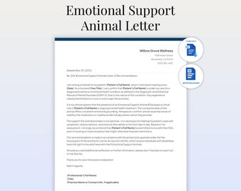 Plantilla de carta de ESA para animales de apoyo emocional / Nota editable para terapeutas sobre alojamiento y viajes / Documentos de Google y Word / Formulario para animales de servicio