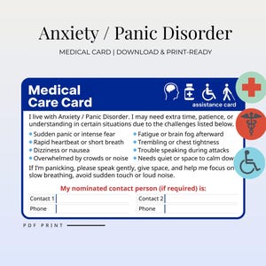 Peut inclure: Une carte de soins médicaux bleue pour l'anxiété / les troubles paniques. La carte comprend une liste de symptômes et une section pour les coordonnées d'urgence. La carte comporte également des symboles médicaux et le texte "Medical Card | Download & Print-Ready".