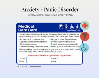 Anxiety / Panic Disorder Assistance Card – Panic Attack Support Card | Printable Disability Care Wallet Card for Safety & Communication PDF