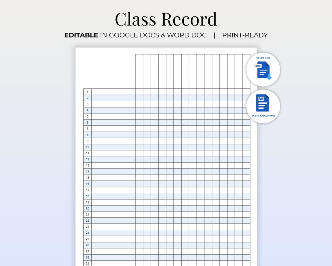 Class Record Template | Printable Class Attendance Sheet | Grade Log ...