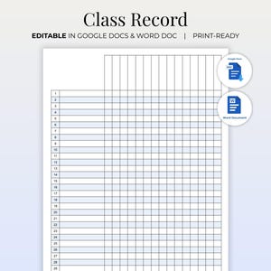 Może przedstawiać: Biała karta rejestracyjna klasy z siatką niebieskich linii i tekstem "Class Record". Dokument jest oznaczony jako "EDITABLE IN GOOGLE DOCS & WORD DOC | PRINT-READY". Zawiera ikony dla Dokumentów Google i Dokumentu programu Word.