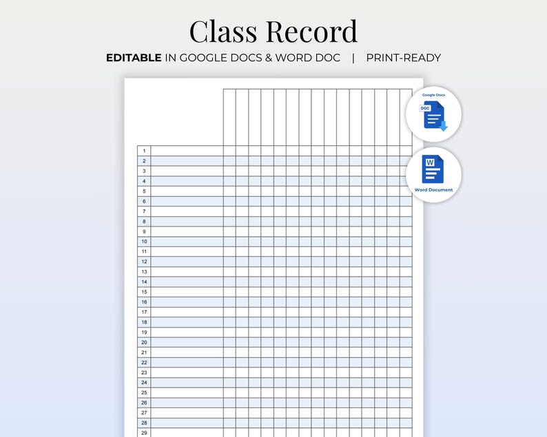 Class Record Template | Printable Class Attendance Sheet | Grade Log ...
