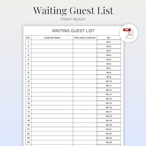 May include: A printable waiting guest list template with the title "Waiting Guest List" at the top. The document is designed with numbered rows for customer names and the number of customers. A PDF icon is in the upper right corner.