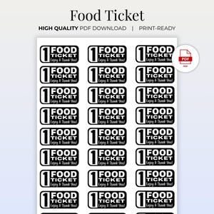 Op de afbeelding: Vel zwart-witte voedseltickets. Elk ticket bevat de tekst "Food Ticket" en "Enjoy & Thank You!". De tickets zijn gerangschikt in een rasterpatroon. De tekst "Food Ticket" staat bovenaan de afbeelding.