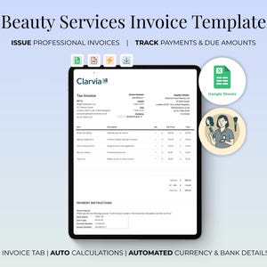 May include: A digital invoice template for beauty services, displayed on a tablet. The template includes sections for tax information, service descriptions, and payment instructions. The design incorporates icons and the text "Beauty Services Invoice Template".