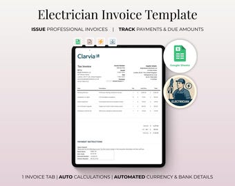 May include: A digital electrician invoice template on a tablet, featuring the text "Electrician Invoice Template." The template includes sections for tax information, itemized services, and payment instructions. Additional icons and text are also visible.