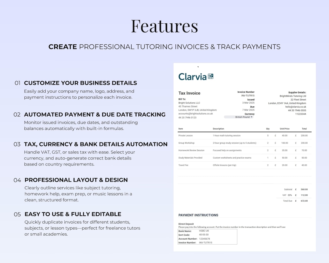 Tutor Invoice Template | Private Lessons | Google Sheets | Editable ...