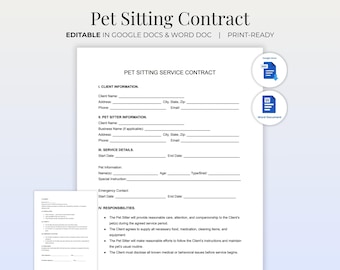 May include: A white pet sitting service contract with the title "Pet Sitting Contract" in black text. The contract includes sections for client and pet sitter information, service details, and responsibilities. Icons for Google Docs and Word Doc are in the upper right.