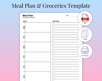 May include: A white meal plan and grocery template with the text "Meal Plan & Groceries Template". The template includes sections for meals and groceries, with days of the week listed. Icons indicate PDF, 1 page, and print-ready options.