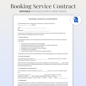 May include: A white Booking Service Contract document, editable in Google Docs and print-ready. The document includes sections for agreement details, scope of services, terms, compensation, and confidentiality. A Google Docs icon is in the upper right corner.