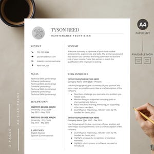 Op de afbeelding: A4-formaat cv-sjabloon voor een onderhoudstechnicus genaamd Tyson Reed. Het document bevat secties voor contactgegevens, vaardigheden, kwalificaties en werkervaring. Het cv is beschikbaar om te downloaden.