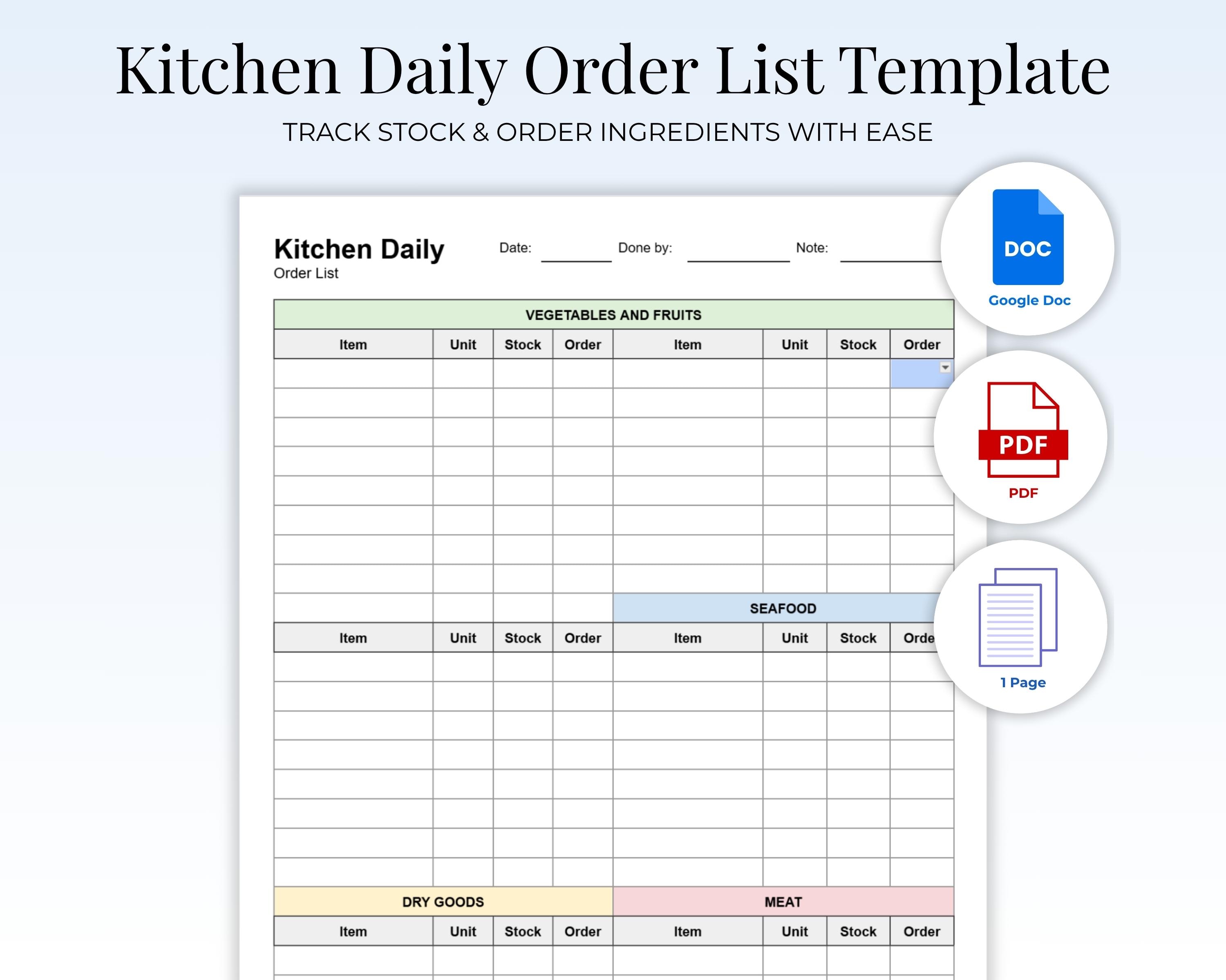 kitchen ordering sheet | pdf Images High Quality Grahic Kitchen Daily Order List Template | Food Stock & Order Sheet for Chefs ...