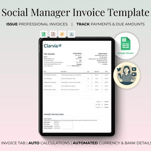 Pode incluir: Um modelo de fatura digital para gestores de redes sociais, exibido num tablet. O modelo inclui secções para informações fiscais, serviços detalhados e instruções de pagamento. O texto diz "ISSUE PROFESSIONAL INVOICES | TRACK PAYMENTS & DUE AMOUNTS".