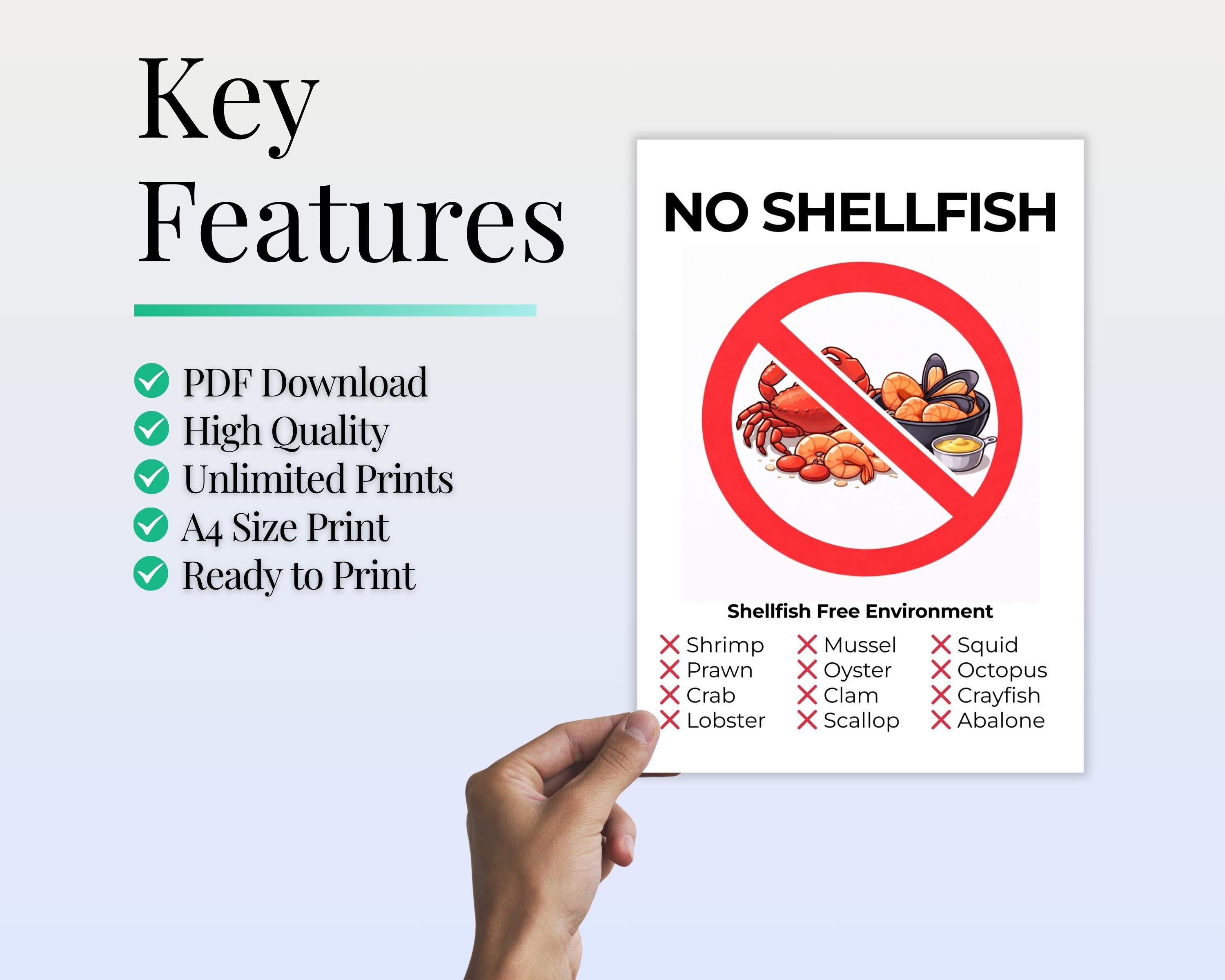 Shellfish Free Label No Shellfish Sign Printable A4 | Shellfish Free Environment Poster ...