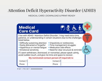 ADHD Medical Assistance Card – Attention Deficit Hyperactivity Disorder Support Card | Printable Disability Care Wallet Card for Safety & Co