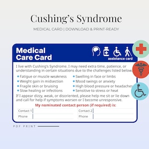 Könnte beinhalten: Eine blaue medizinische Pflegekarte für das Cushing-Syndrom mit einer Liste von Symptomen und Kontaktinformationen. Die Karte enthält medizinische Symbole und den Text "Medical Care Card" und "assistance card".