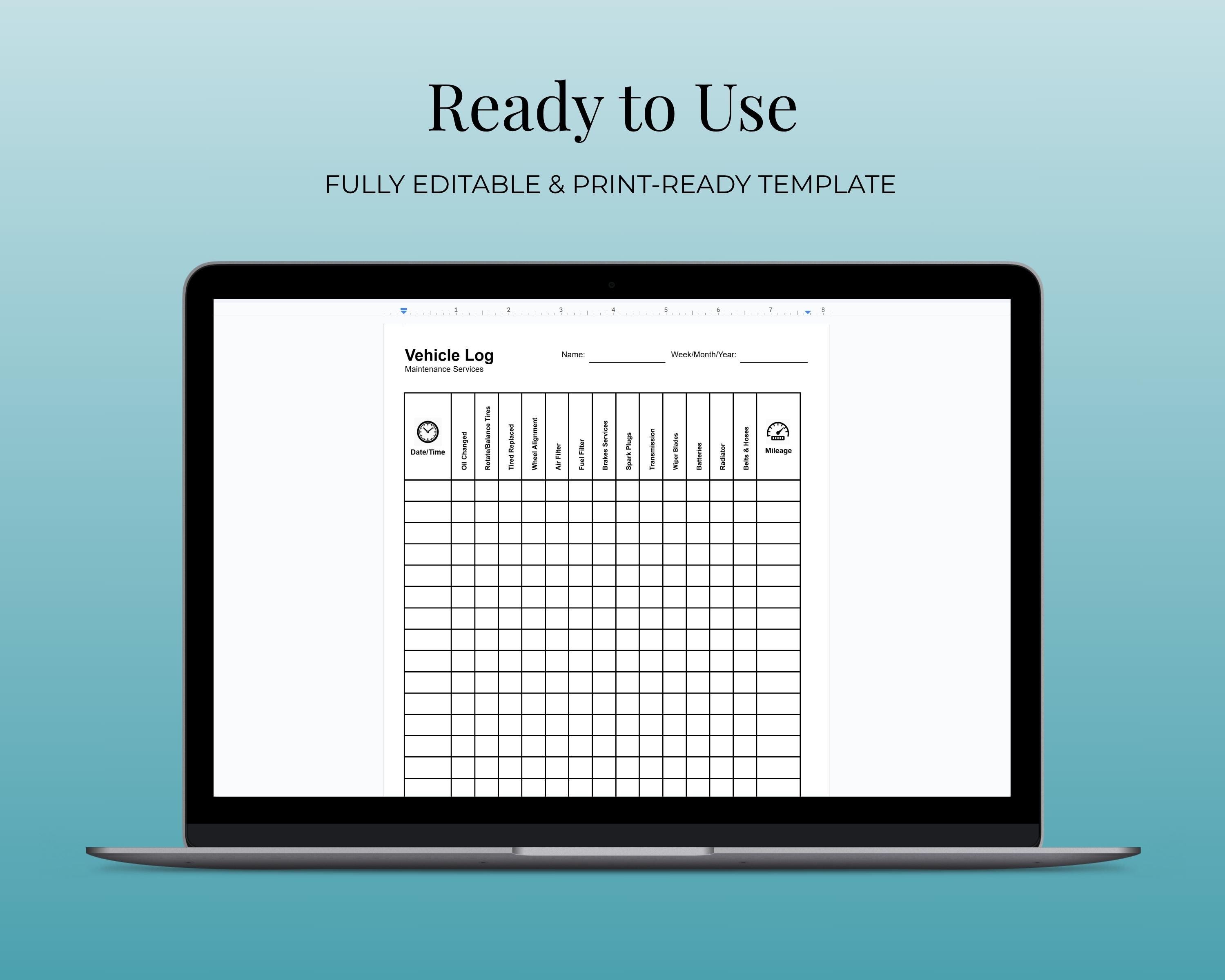 Vehicle Maintenance Log Template Editable & Printable | A4 Car Service ...