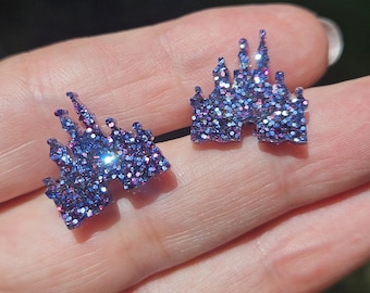 Pendientes de botón con forma de castillo de princesa con mucho brillo / Pendientes de vacaciones en Disney / Pendientes de cumpleaños / Pendientes de fiesta / Pendientes navideños de Disney