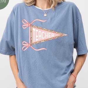 Custom Pennants Flag Teacher Shirt, Preppy Back to School Shirt, School Spirit Teacher Tee, Coquette Bow Pre-K Pennant Flag, Teacher Shirt