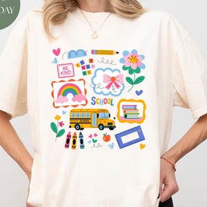 Comfort Colors Trendy Teacher Shirt, Colorful Doodle Back To School Shirt, Preppy Coquette School T-shirt, Girly Pink Bow Tee, Teacher Gifts