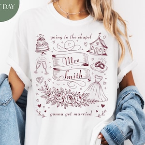 Maglietta da addio al nubilato Comfort Colors, maglietta personalizzata &quot;Going to the Chapel Gonna Get Married&quot;, maglietta da sposa Doodle Coquette