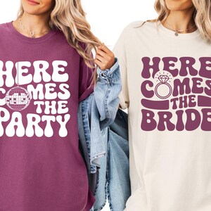 Comfort Color Custom Retro Bachelorette Party Shirts Here Comes the Bride Matching Bridal Shower Gift for Bride To Be Bridesmaid Bride Squad