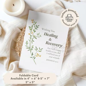 May include: A white rectangular greeting card featuring a watercolor illustration of green stems with small yellow flowers. The text reads: Wishing You Healing & Recovery, For I will restore health to you, and I will heal you of your wounds, JEREMIAH 30:17.