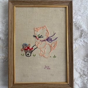 Vintage Kitten Embroidery, Framed, Nursery, Little Girl's Room, 1970, Home Decor, Wall Decor