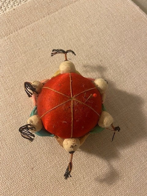 Vintage Red Satin Pincushion Asian Oriental Children Holding Hands, Sewing,  Seamstress