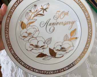 Georgian 50th Anniversary Plate, Fina China, White Gold Gilded