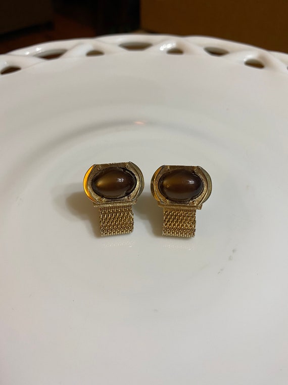 Vintage Swank Gold Tone Mesh Cufflinks with Brown 