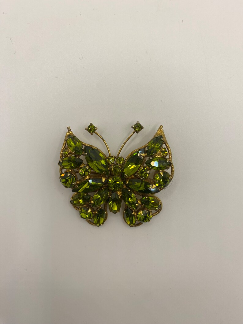 May include: A gold-tone butterfly brooch with green rhinestones.