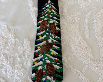 1996 An American Christmas Tie by Marc Dennis, Bald Eagles Snow Capped Christmas Tree, Vintage