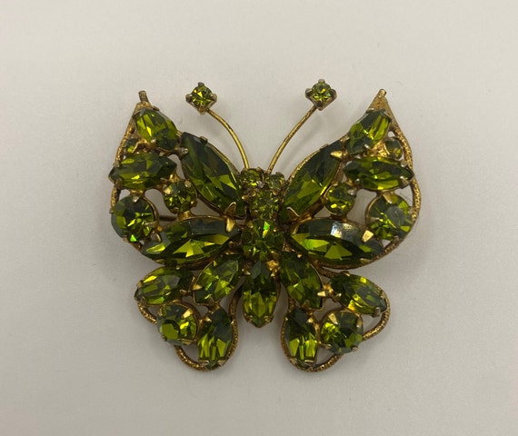 Regency Green Rhinestone Butterfly Brooch, Signed, Vintage Jewelry, Butterflies, Gold Setting, UV Reactive Glass, Vintage, Collection