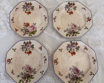 Steubenville Octagon Salad Plates, Set of 4, Floral Blue Trim Border