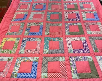 Handmade Quilt Throw 81" L x 52" W, Pretty Pink with Multi Color Fabrics, Little Girls Room, Nursery