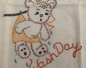 Wash Day Embroidered Teddy Bear Tea Towel, Clothesline, Repurpose, Vintage Laundry Room Decor