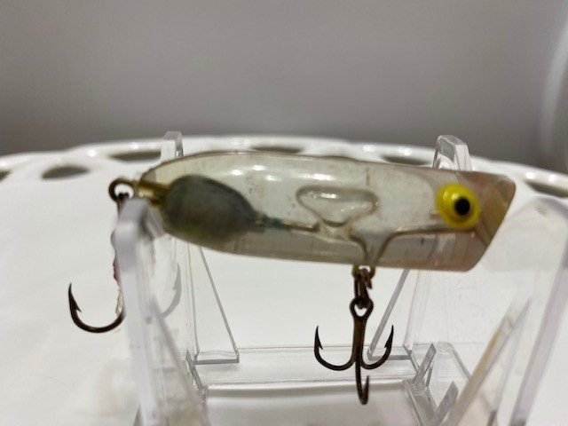 FISHING LURE Vintage Popper Lure, Clear, Two Treble Hooks, No Markings