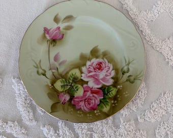 Lefton Hand Painted Plate, Pink Roses, Green Background, #NE 3068
