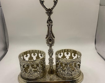 Silver-Plated Double Condiment Vinegar & Oil, Salt Pepper Holder , TAJ Importing Japan