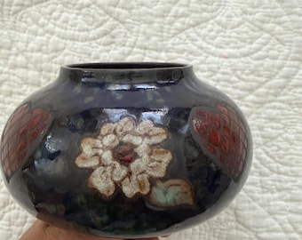 Glazed Terracotta Vase Dark Blue White Flowers Red Hearts, Signed by Artist