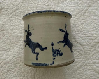 Salt-Glaze Stoneware Small Crock, Hand-painted Cobalt Blue Leaping Dancing Rabbit Motif, Folk Art, Kitchen Decor, Vase