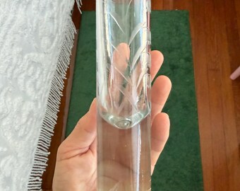 Krosno Poland Sleek Mid-Century Hand Blown Etched Lily of The Valley Glass Cylinder Vase, 8"