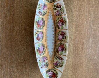 Royal Vienna Courting Couple #1102 Relish Dish, Blue Gold Trim, Vintage